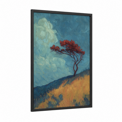 Crimson Arbutus framed arbutus tree print — black wood frame — blue and red palette