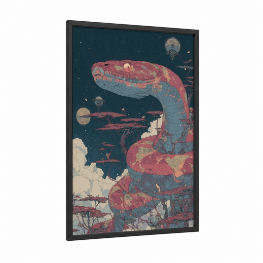 Cosmic Serpent framed boa constrictor print — black wood frame — rose gold and dark blue palette