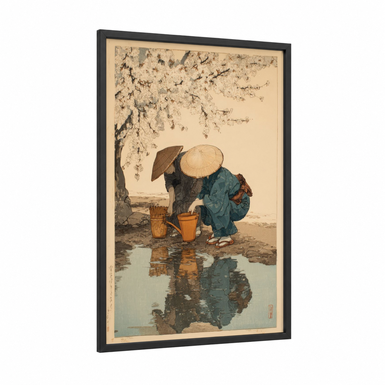 Cherry Blossom Gatherer framed rivers print — black wood frame — cream and teal palette