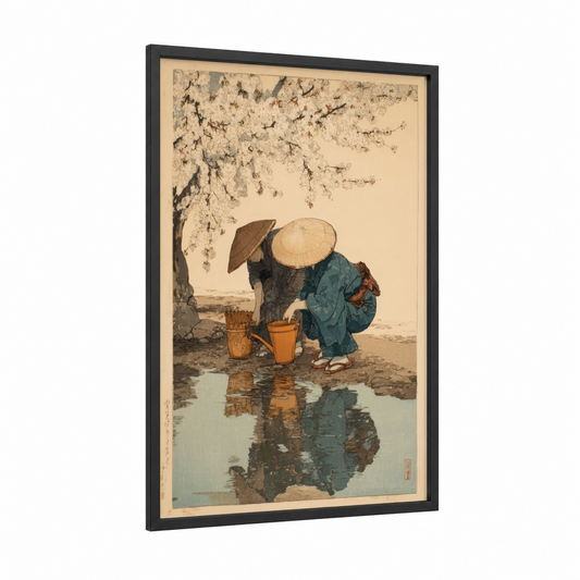 Cherry Blossom Gatherer framed rivers print — black wood frame — cream and teal palette