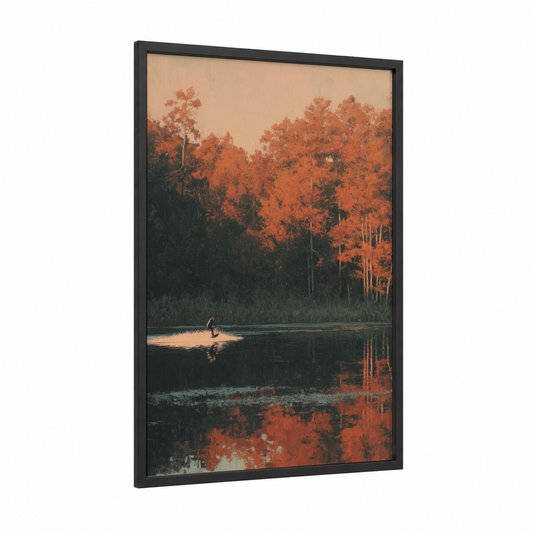 Wakeboarding at Sunset framed art print — black wood frame — pumpkin and black palette