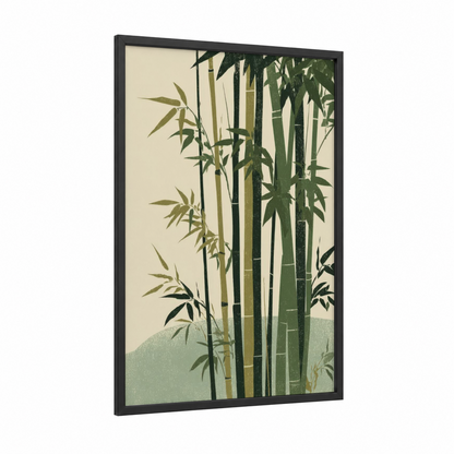 Serene Bamboo Grove framed art print — black wood frame — cream and light green palette