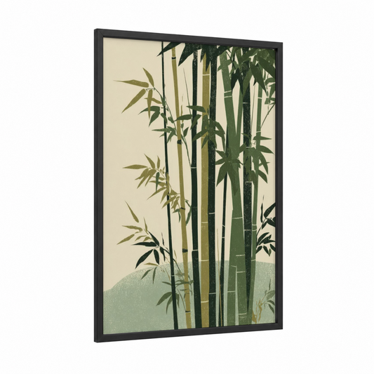 Serene Bamboo Grove framed art print — black wood frame — cream and light green palette