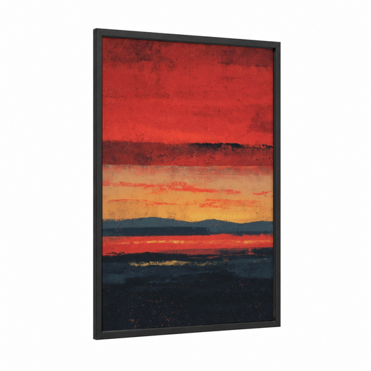Crimson Mountain Sunset framed art print — black wood frame — red and orange palette