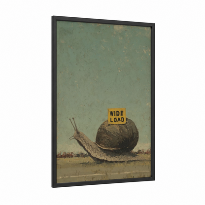 Wide Load Snail framed art print — black wood frame — sage green and gold palette