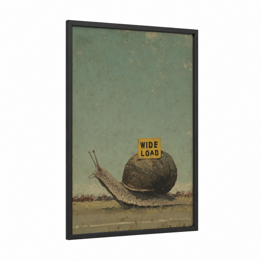 Wide Load Snail framed art print — black wood frame — sage green and gold palette