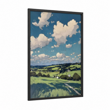 Summer Valley Vista framed various landscapes print — black wood frame — blue and light green palette