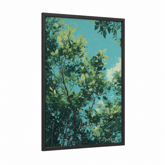 Sunlit Mangrove framed art print — black wood frame — teal and light green palette