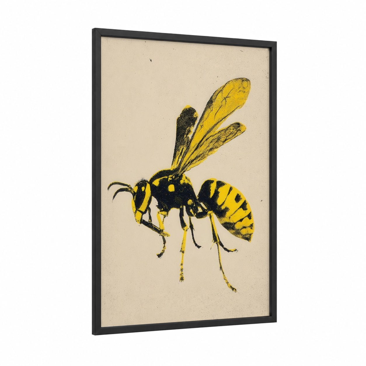 Yellow Wasp framed art print — black wood frame — yellow and black and white palette