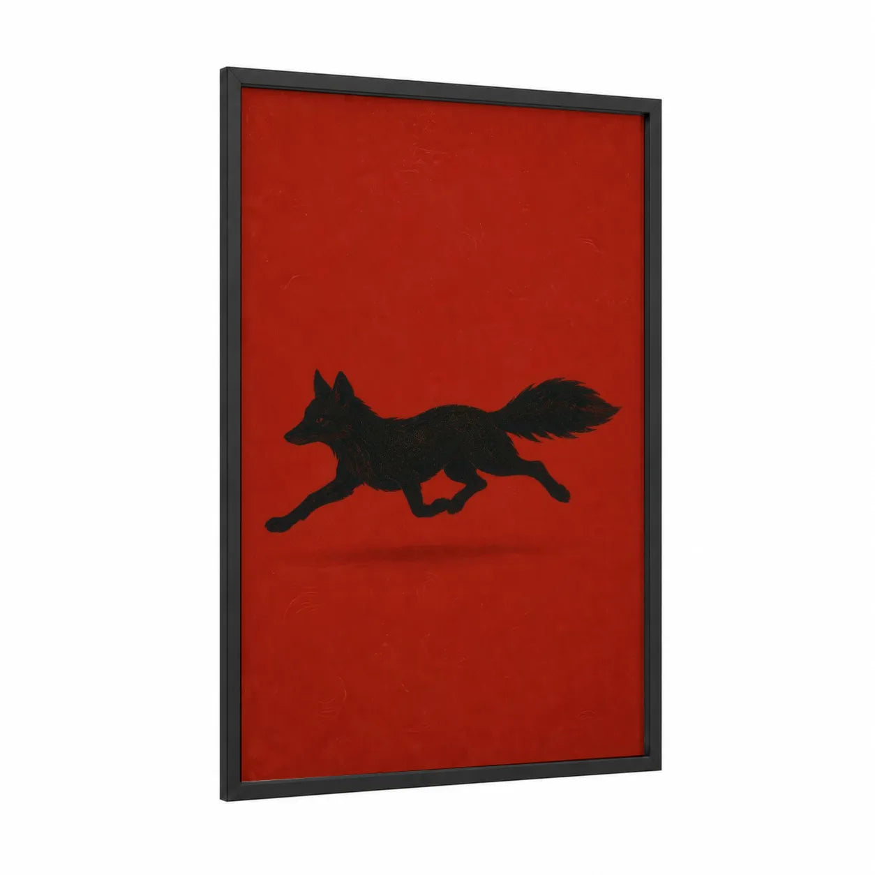 Black Fox on Red Wall Art framed art print — black wood frame — red and black palette