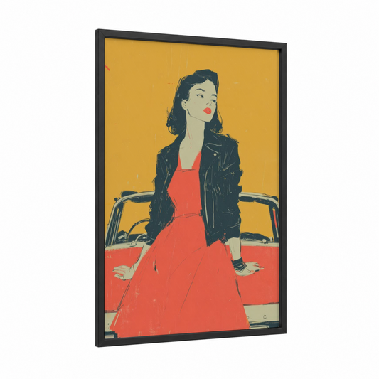 Vintage Convertible Elegance framed vintage fashion print — black wood frame — gold and red palette