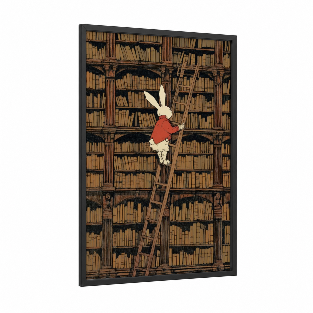 Literary Rabbit framed art print — black wood frame — cream and red palette
