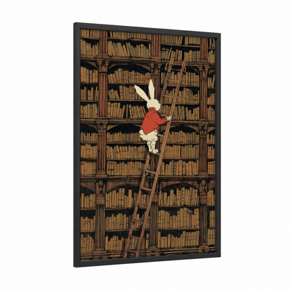 Literary Rabbit framed art print — black wood frame — cream and red palette