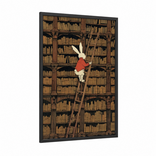 Literary Rabbit framed art print — black wood frame — cream and red palette