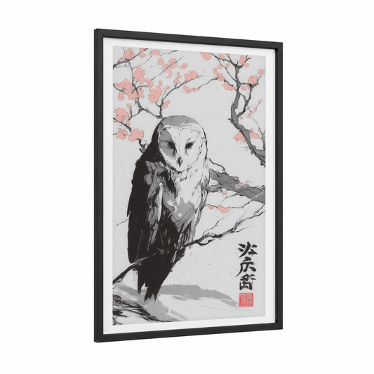 Cherry Blossom Owl framed art print — black wood frame — black and white and salmon pink palette
