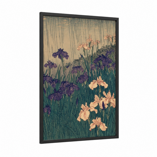 Purple Iris Garden framed flower field print — black wood frame — purple and cream palette