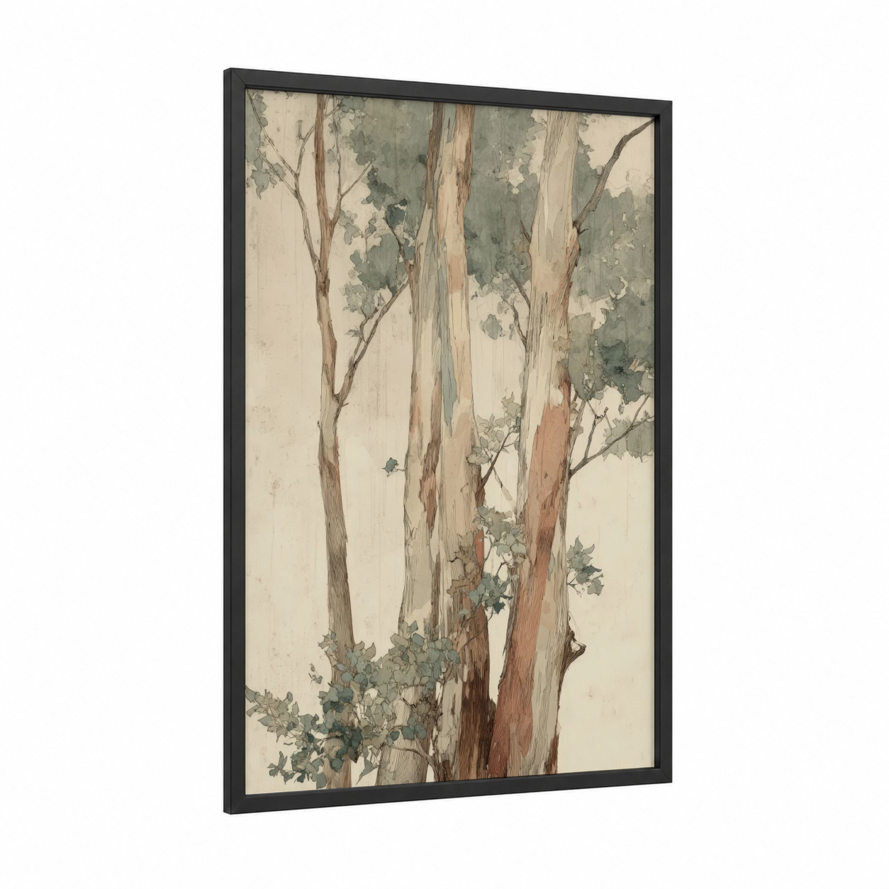 Eucalyptus Grove Watercolor framed eucalyptus forest print — black wood frame — sage green and cream palette