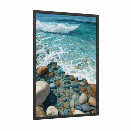 Turquoise Shoreline framed sandy beach print — black wood frame — turquoise and cream palette