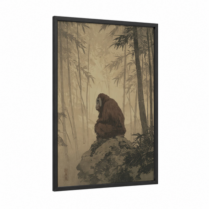 Contemplative Monkey framed art print — black wood frame — beige and gray palette