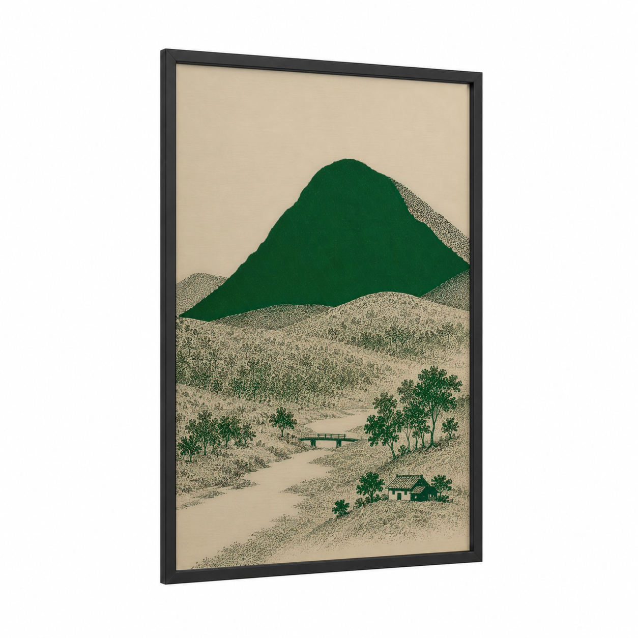 Japanese Mountain Landscape Wall Art framed art print — black wood frame — true green and beige palette