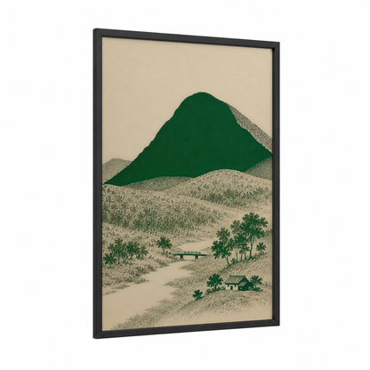 Japanese Mountain Landscape Wall Art framed art print — black wood frame — true green and beige palette