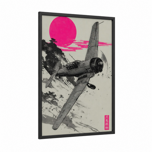 Neon Vintage Flyer framed vintage airplane print — black wood frame — magenta and black and white palette