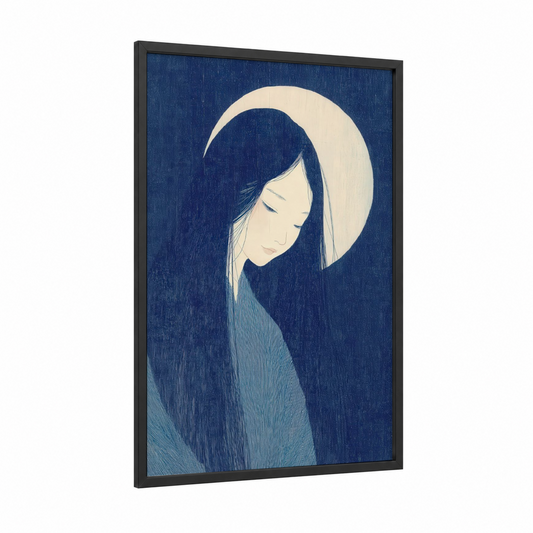 Moonlit Reverie framed hair print — black wood frame — dark blue and cream palette