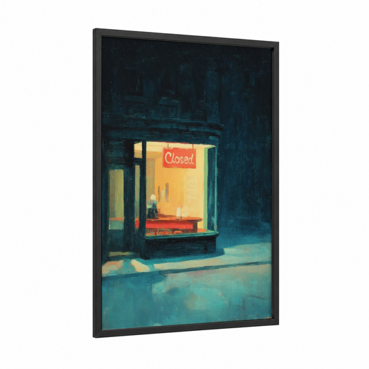 Closed Storefront framed window print — black wood frame — dark blue and gold palette