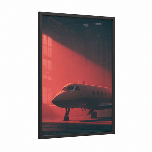Crimson Hangar Jet framed private jet print — black wood frame — red and black and white palette