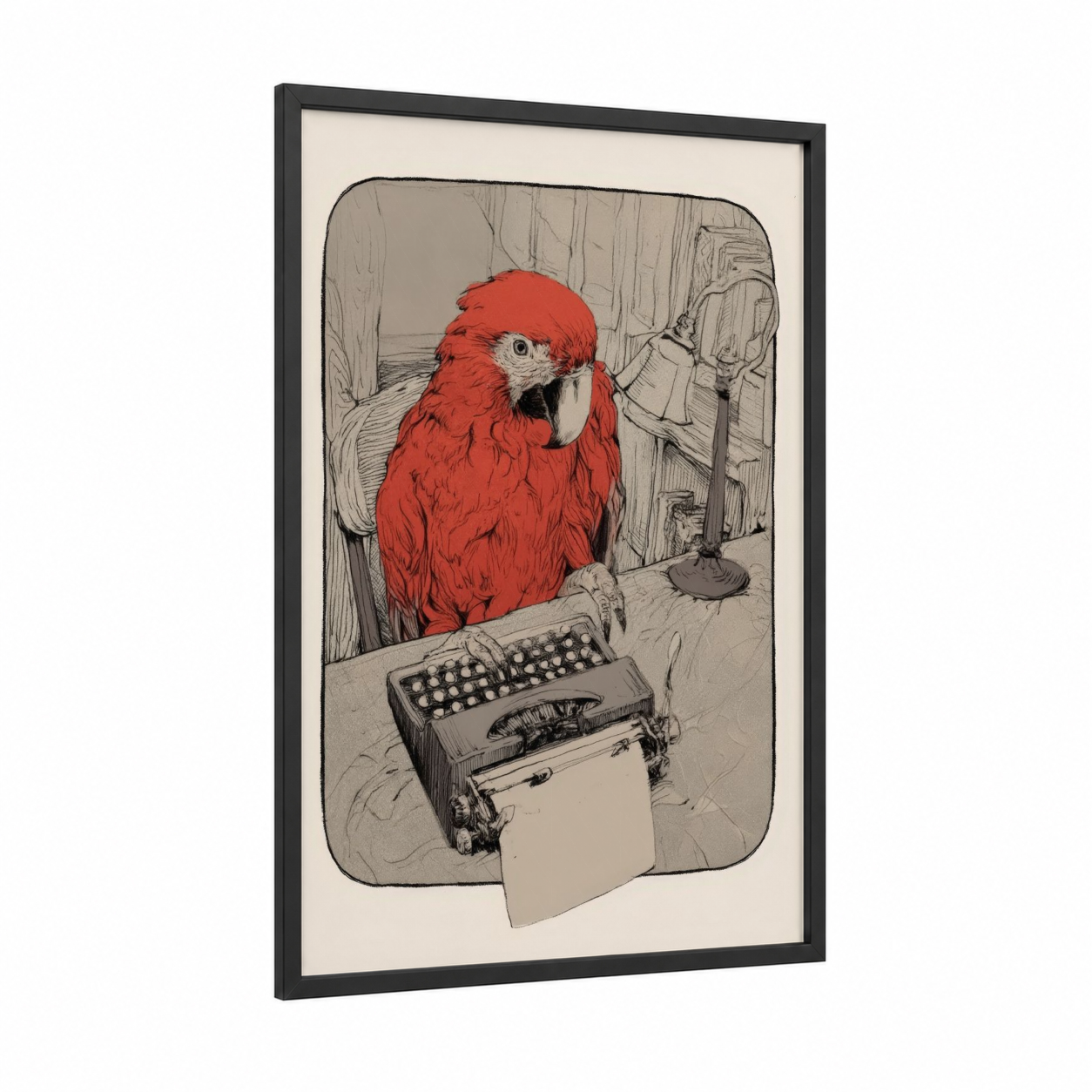 Typist Macaw framed art print — black wood frame — red and cream palette
