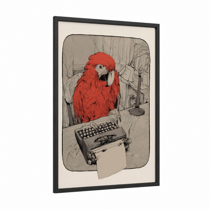 Typist Macaw framed art print — black wood frame — red and cream palette