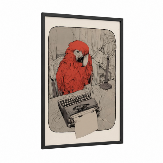 Typist Macaw framed art print — black wood frame — red and cream palette