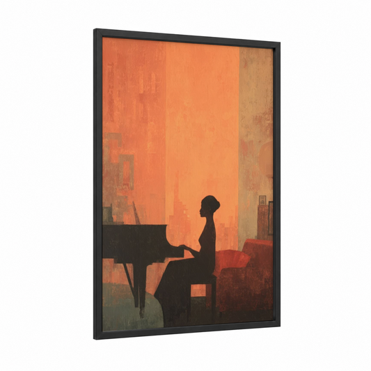 Sunset Pianist framed piano print — black wood frame — pumpkin and gold palette