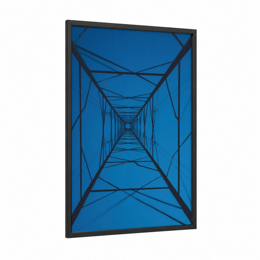 Ascending Transmission framed power lines print — black wood frame — dark blue palette