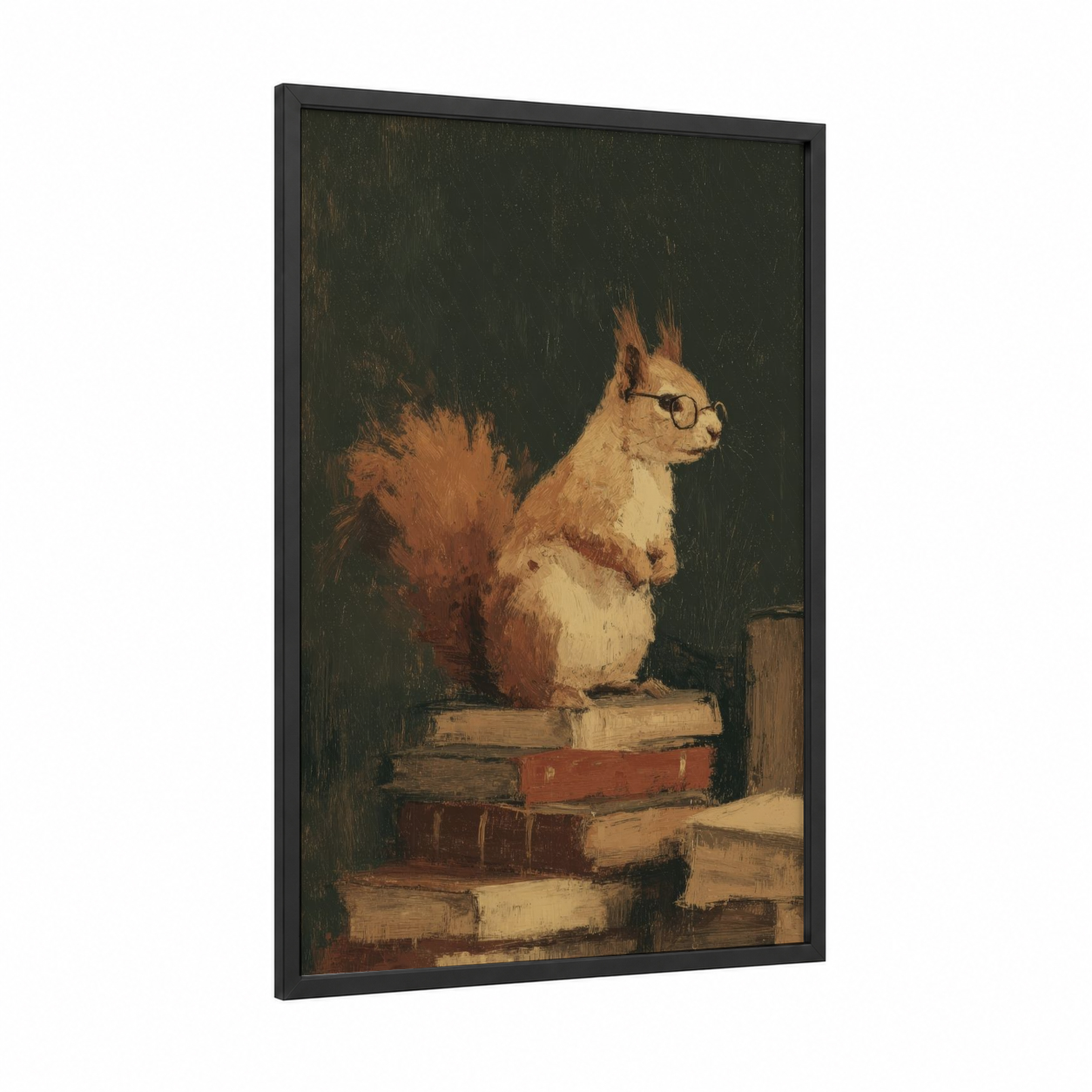 Scholarly Squirrel framed art print — black wood frame — russet and cream palette