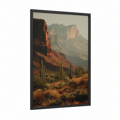 Desert Cactus Landscape framed art print — black wood frame — gold and russet palette