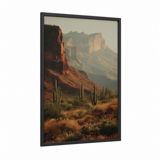 Desert Cactus Landscape framed art print — black wood frame — gold and russet palette