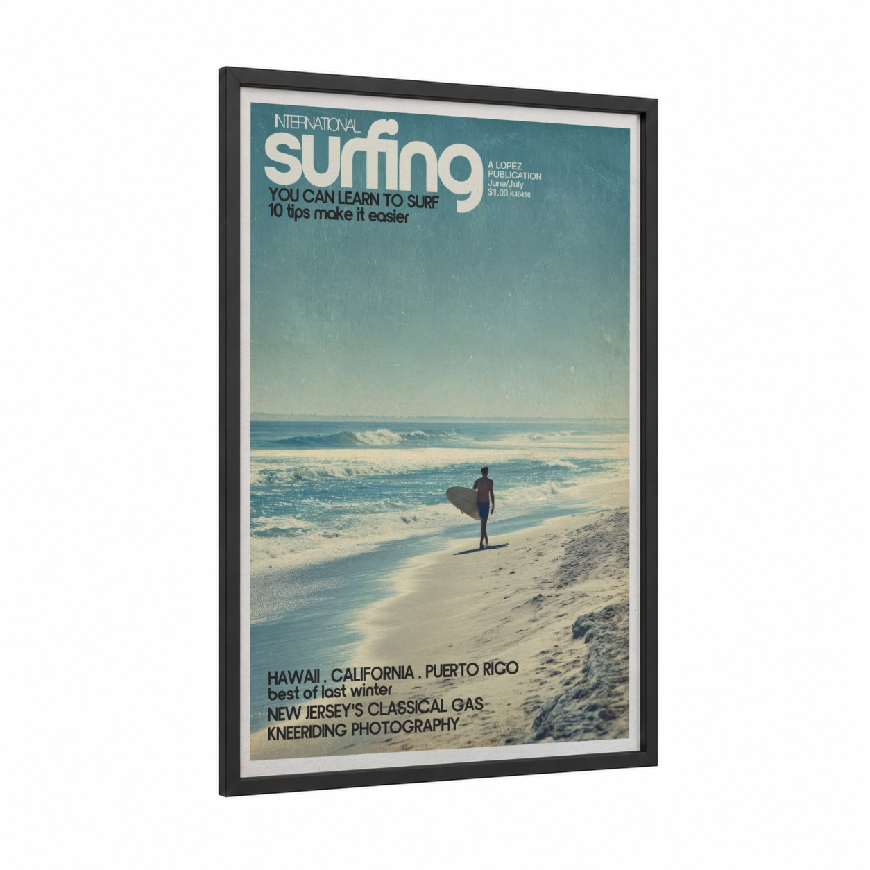 Coastal Surfer framed surfing print — black wood frame — teal and cream palette