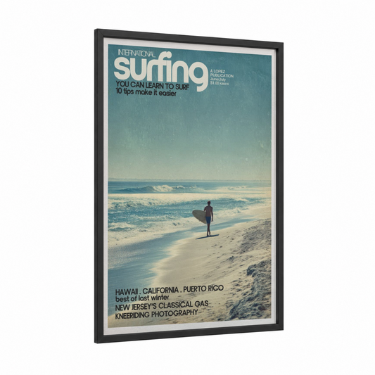 Coastal Surfer framed surfing print — black wood frame — teal and cream palette