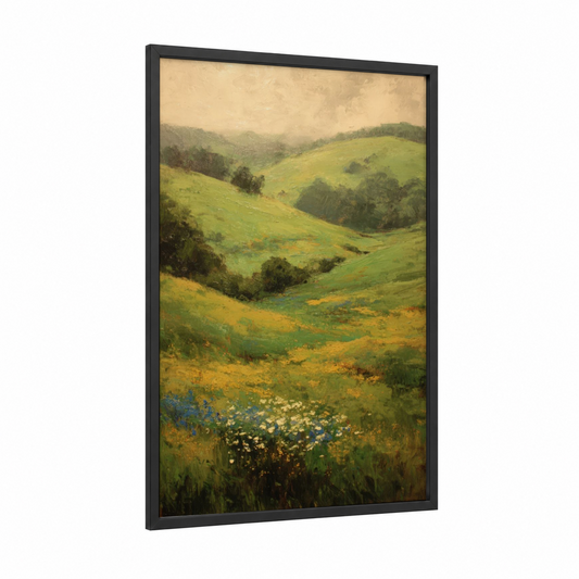 Rolling Meadow framed green field print — black wood frame — light green and yellow gold palette
