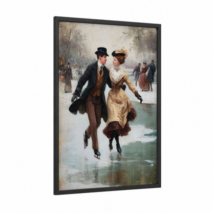 Winter Ice Skating Couple framed art print — black wood frame — beige and dove gray palette