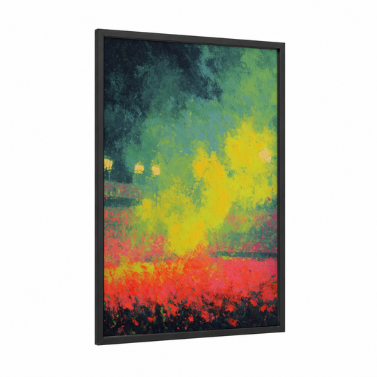 Abstract Soccer Passion framed art print — black wood frame — red and yellow gold palette