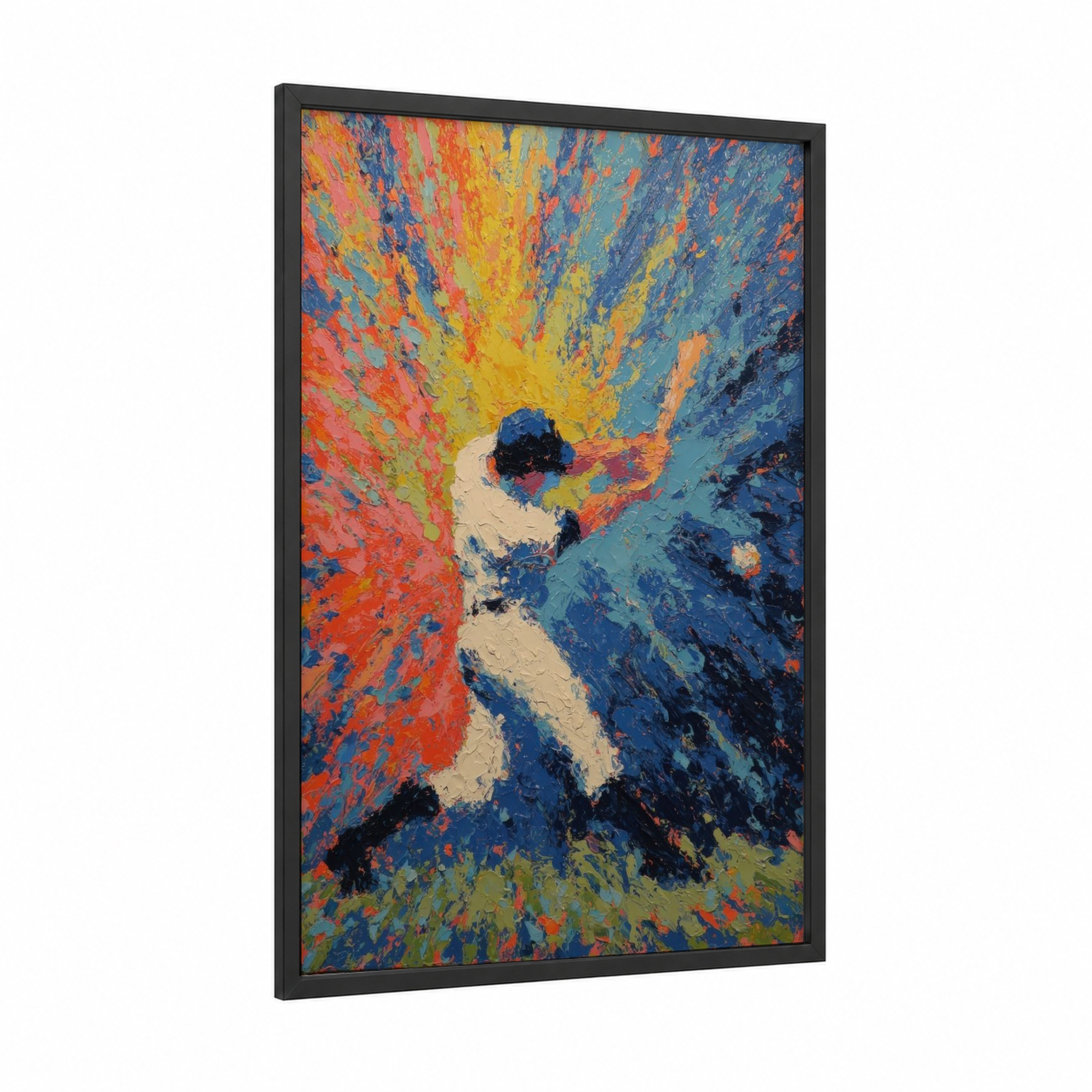 Expressive Baseball Energy framed art print — black wood frame — orange and blue palette