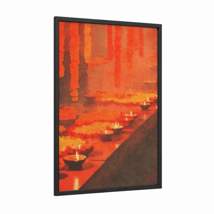 Sacred Temple Lamps framed hinduism print — black wood frame — red and gold palette