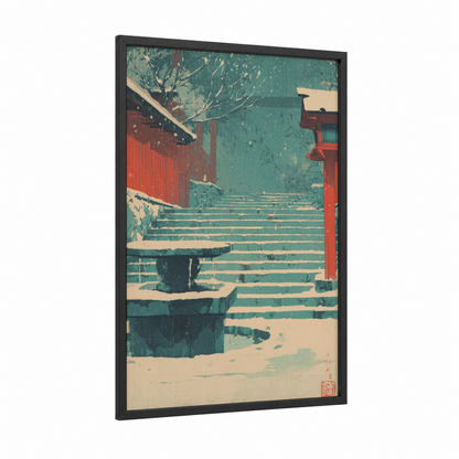 Snowy Temple Staircase framed art print — black wood frame — teal and cream palette