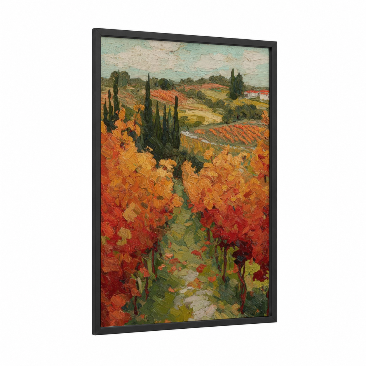 Tuscan Vineyard Path framed vineyards print — black wood frame — orange and gold palette