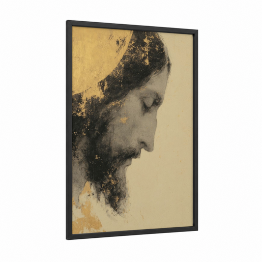Contemplative Jesus framed jesus christ print — black wood frame — gold and black and white palette