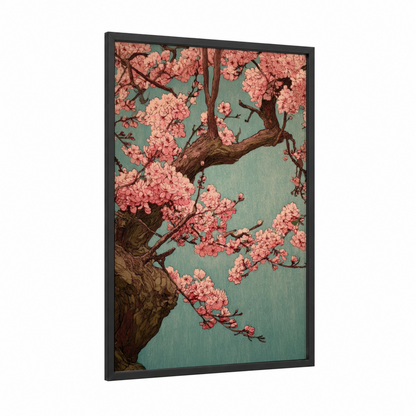 Cherry Blossom Tree framed cherry blossoms print — black wood frame — peach and teal palette