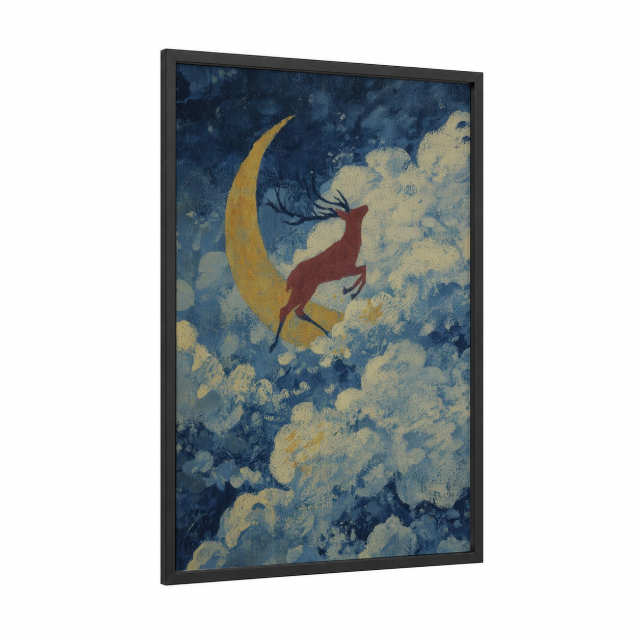 Celestial Elk framed art print — black wood frame — dark blue and gold palette