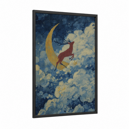 Celestial Elk framed art print — black wood frame — dark blue and gold palette